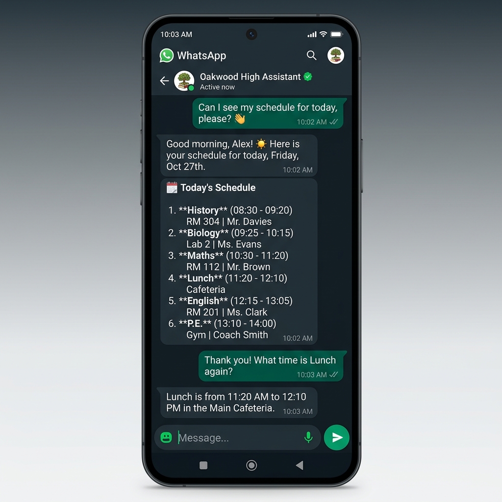 WhatsApp School Chatbot Preview